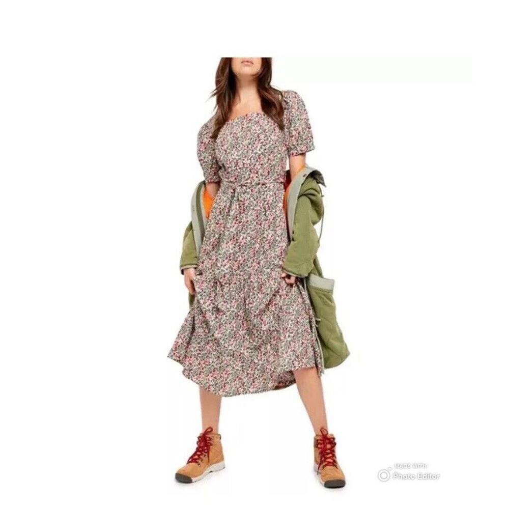 Free People Heartlands Floral Puff Sleeve Tiered Cotton Midi Maxi Dress Size S